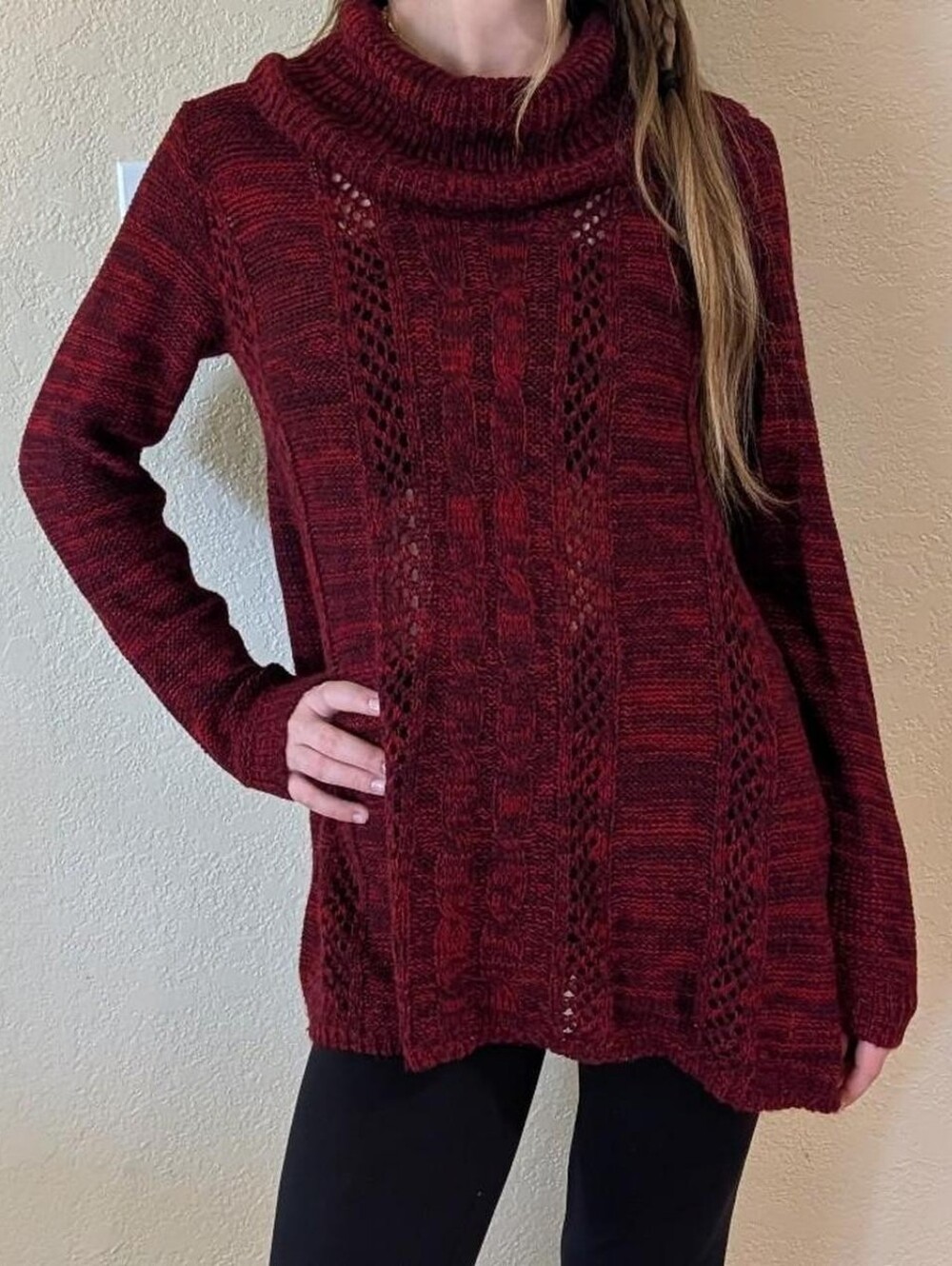 Great Northwest Indigo Burgundy Cable Knit Cowl Neck Sweater Size Small